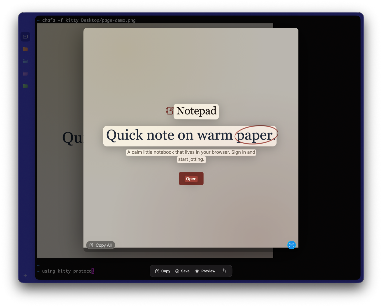 A kitty image opened in Canario's Image Peek with Live Text highlighting the selectable text inside it