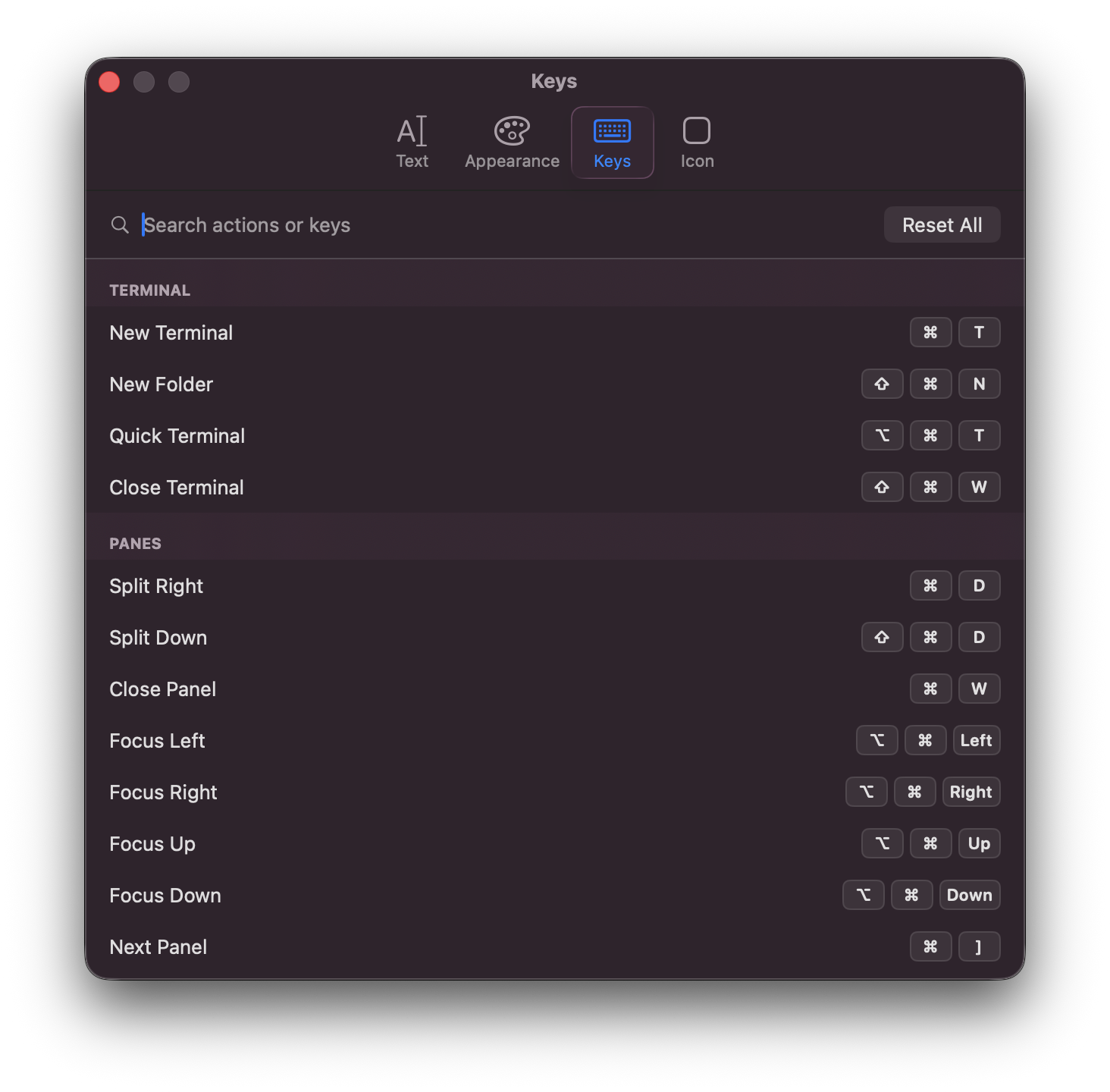 Canario's Keys settings listing terminal and pane actions beside their shortcuts