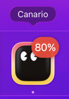 Canario's Dock icon badged with 80% while a command runs