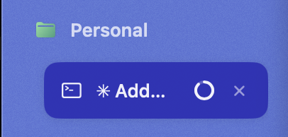 A sidebar tab with a spinner showing a command's progress