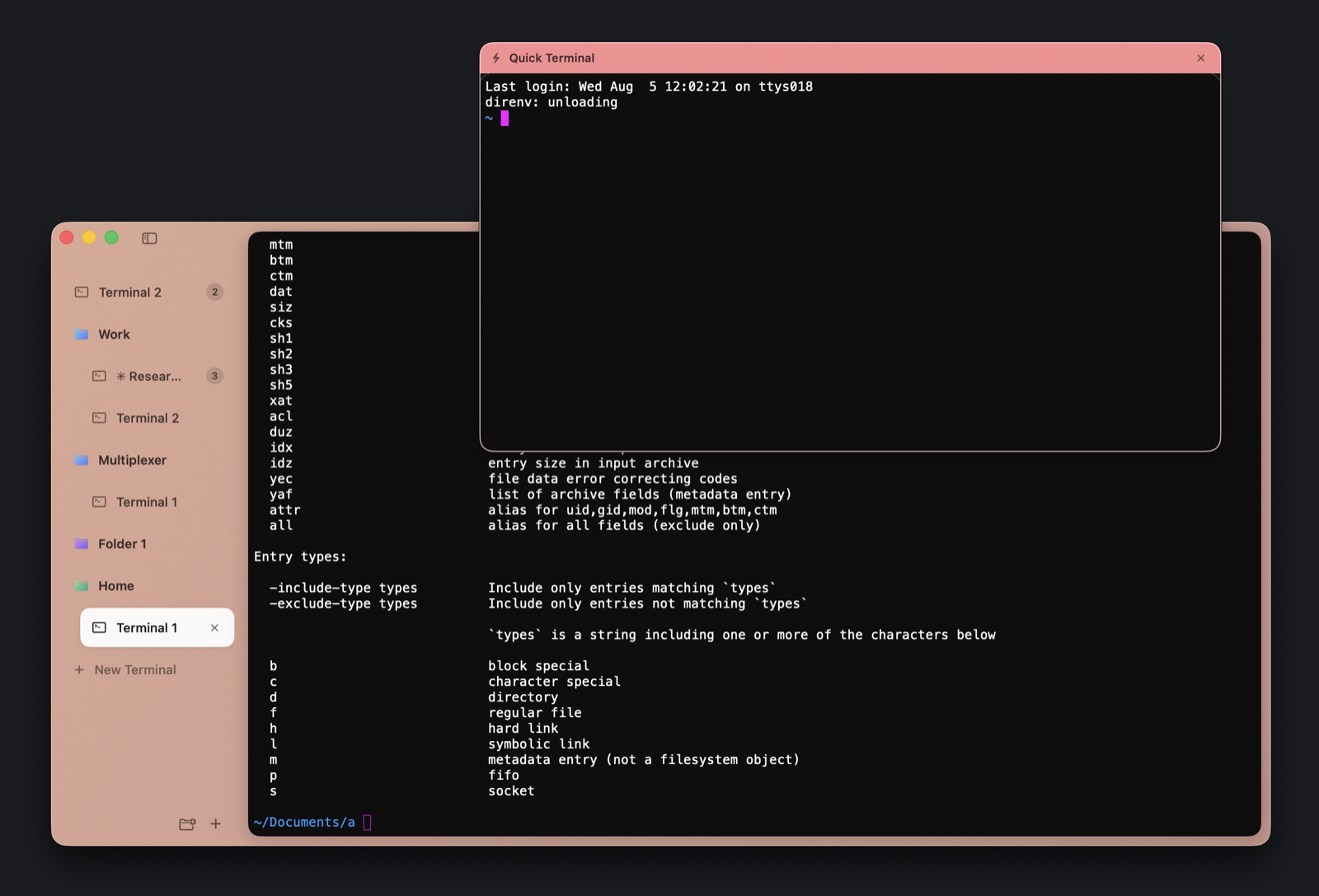 Canario with its salmon sidebar of spaces and the floating quick terminal summoned over it