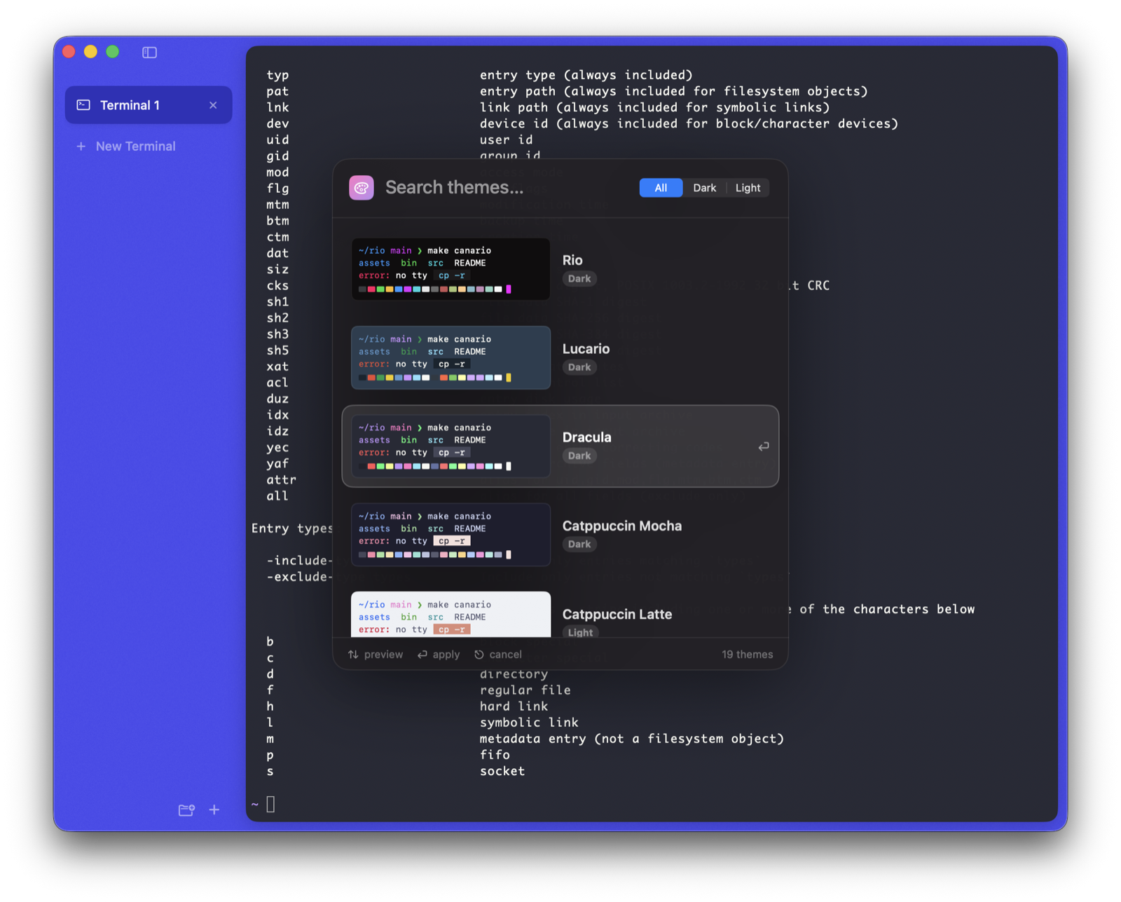 Canario's theme picker floating over a terminal, with live mini-terminal preview cards for Rio, Lucario, Dracula and Catppuccin