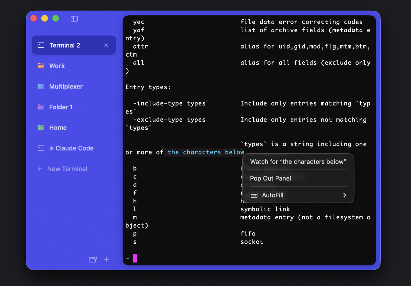 Selected text in terminal output with a context menu offering Watch for "the characters below"