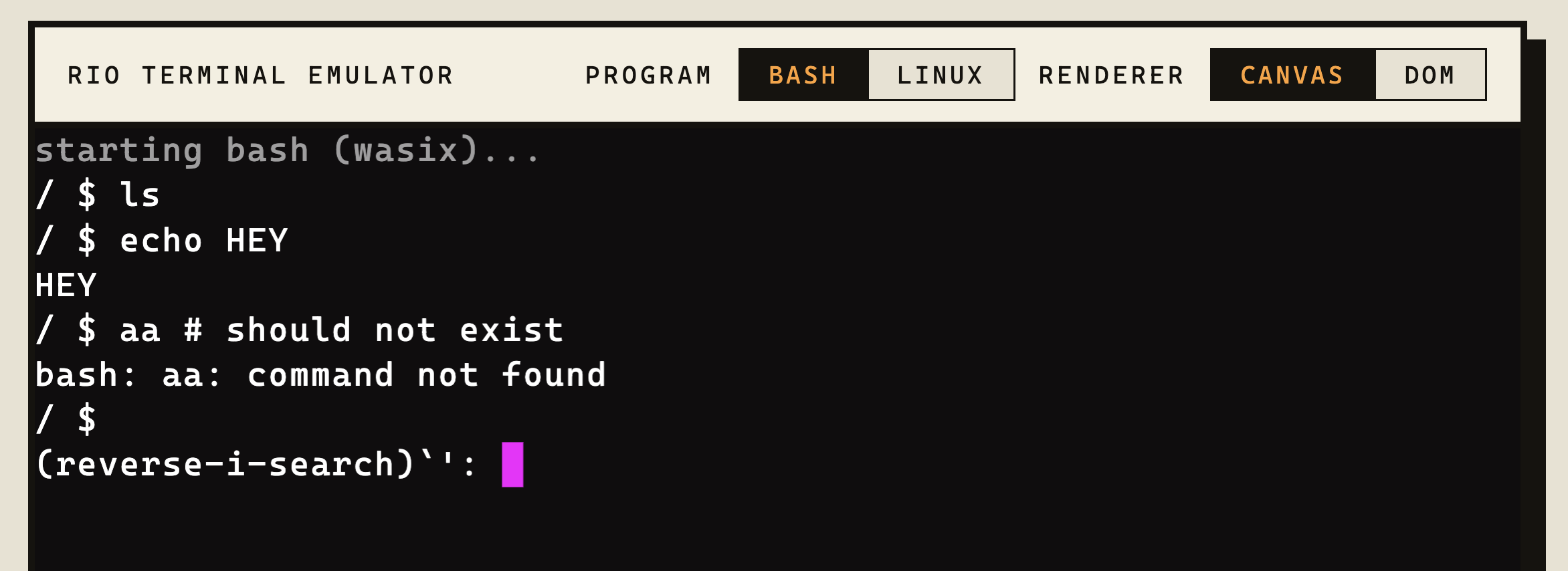 The rioterm demo running bash under WASIX, with the program and renderer toggles